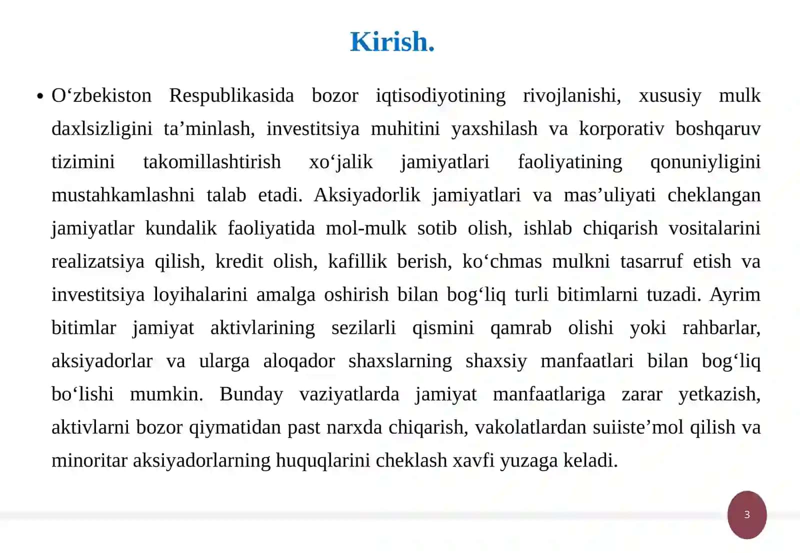 Yirik bitimlar va manfaatdorlik mavjud bitimlar ma’qullash tartibi, manfaatlar to‘qnashuvi va javobgarlik.pptx 3