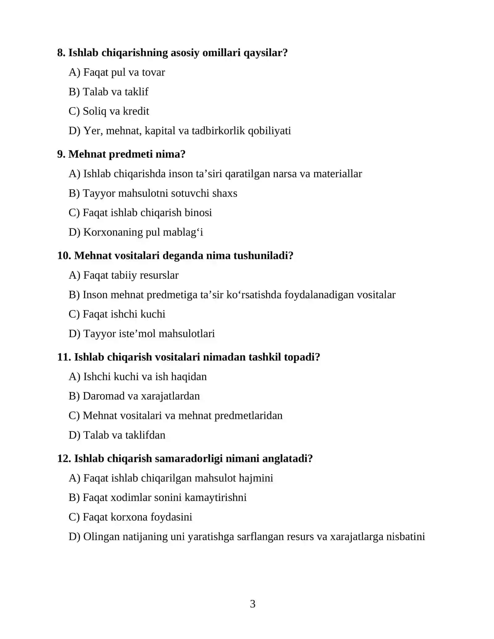 IQTISODIYOT NAZARIYASI FANIDAN OTM 1-KURS UCHUN 100 TA TEST 3
