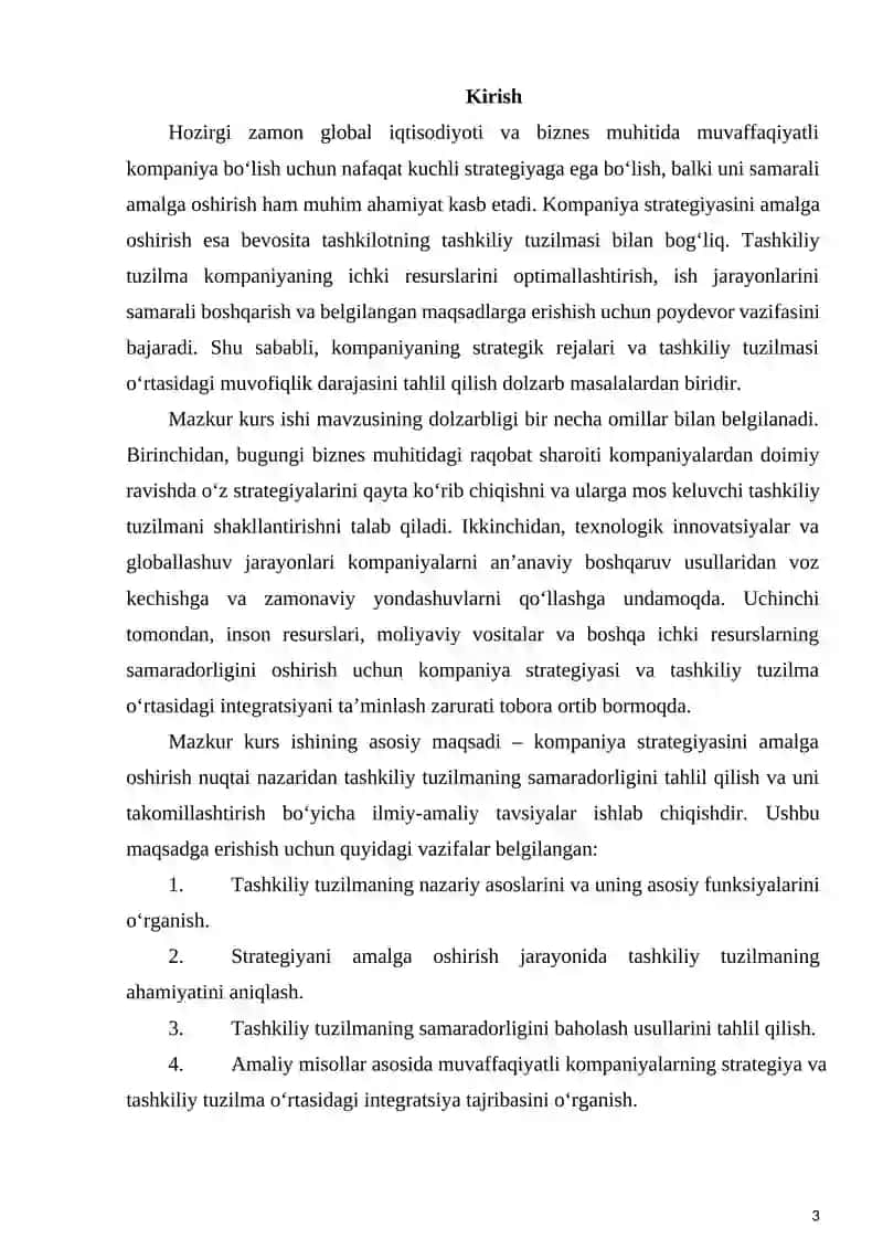 "KOMPANIYA STRATEGIYASINI AMALGA OSHISHIR NUTQAI NAZARIDAN TASHKILIY TUZULMANI TAHLIL QILISH" MAVZUSIDAGI KURS ISHI 3