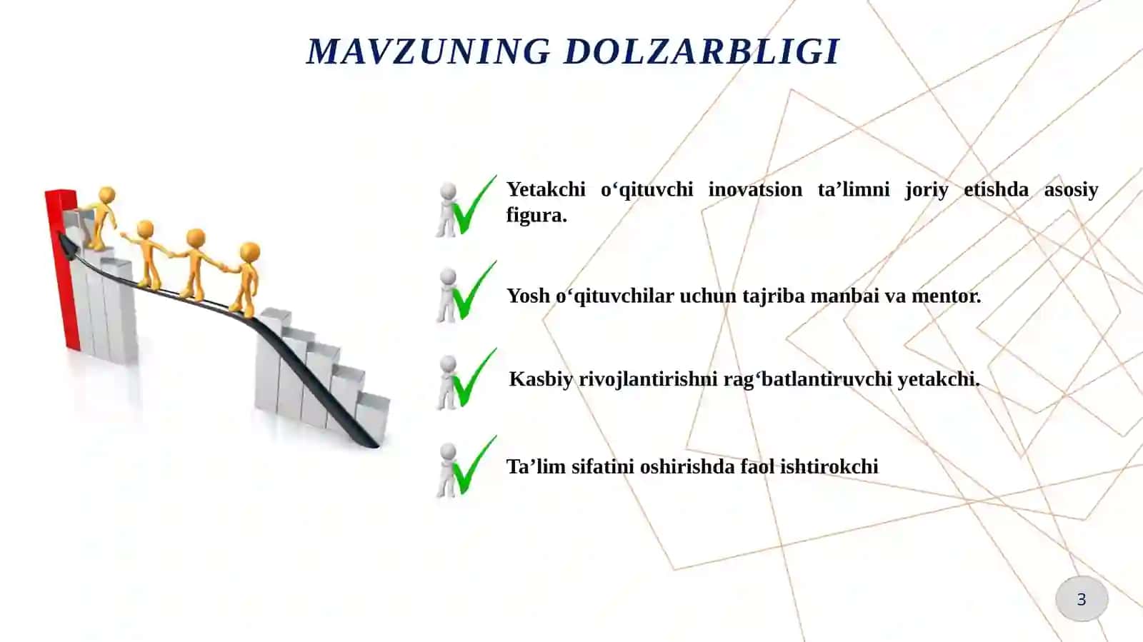 Pedagoglarning kasbiy rivojlantirish sharoitida yetakchi fan o‘qituvchilarining ish samadorligini oshirish 3