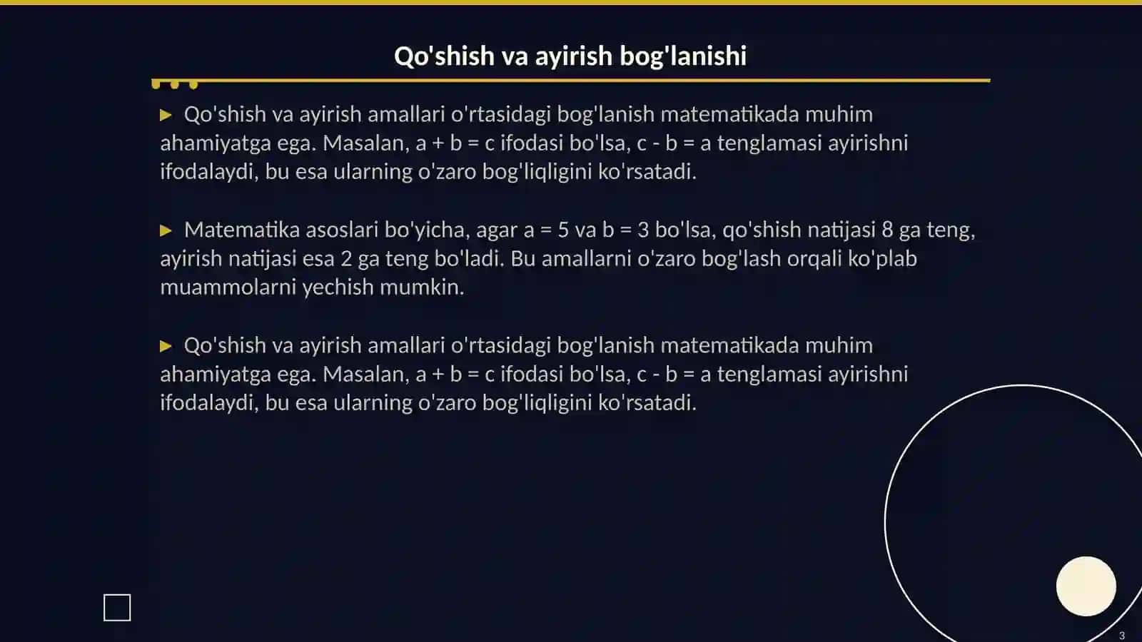 Arifmetik amallar o’rtasidagi bog’lanish 3