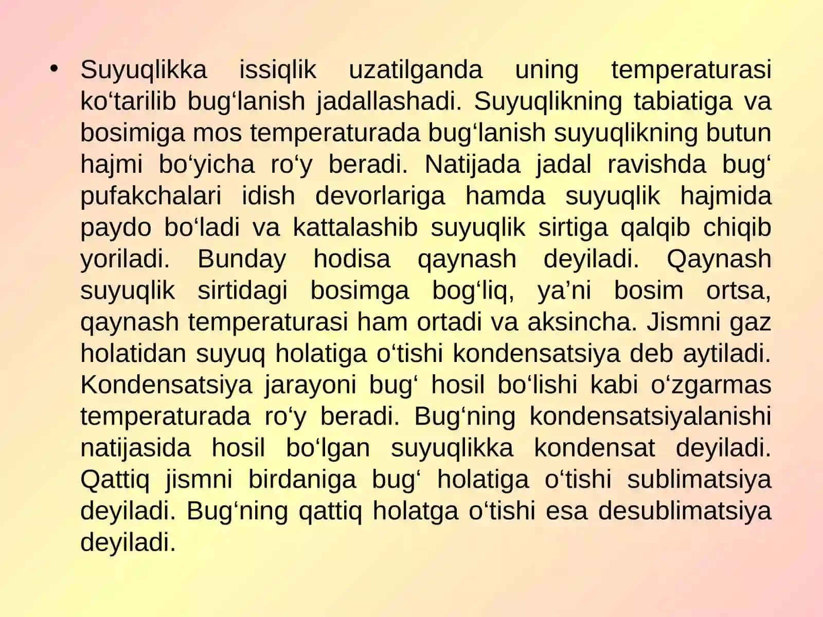 Suv bug’i. Bug`lanish va kondensatsiya. To`yingan bug`. Quriganlik darajasi. Sublimatsiya. Nam, to’yingan, quruq va o’ta qizigan bug’. T-S, h-S diagrammalar 3