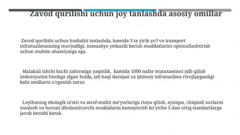 Zavod qurilishi uchun joy tanlashda asosiy omillar 3