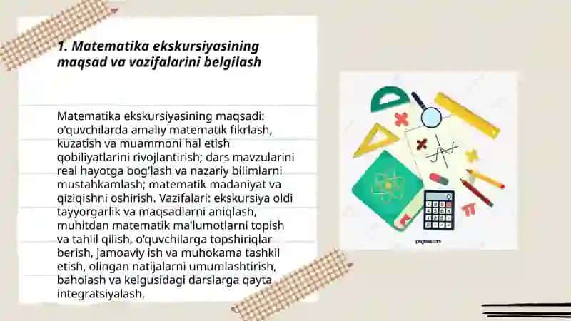 MATMATIKADAN EKSKURSIYALAR, ERTALIKLAR, MATEMATIK O'YINLARNI TAYYORLASH VA O'TKAZISH METODIKASI 3