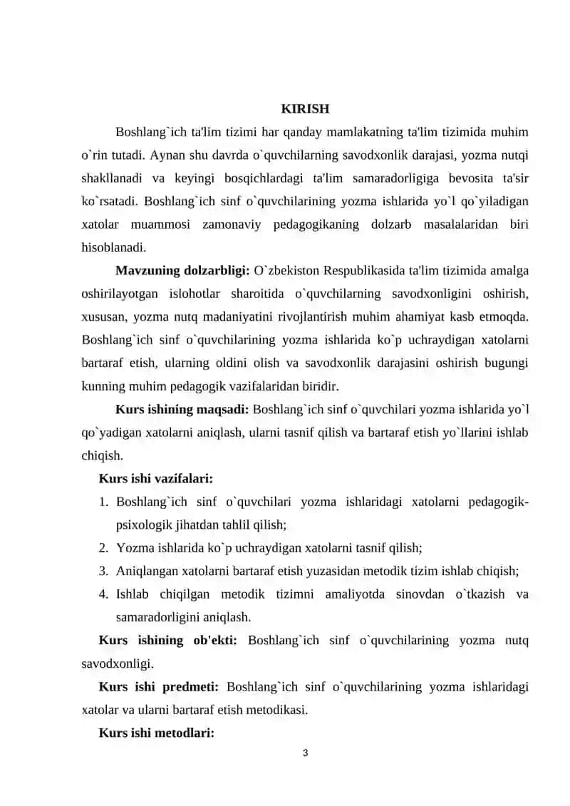 BOSHLANG`ICH SINF O`QUVCHILARINING YOZMA ISHLARIDA YO`L QO`YADIGAN XATOLARI USTIDA ISHLASH 3