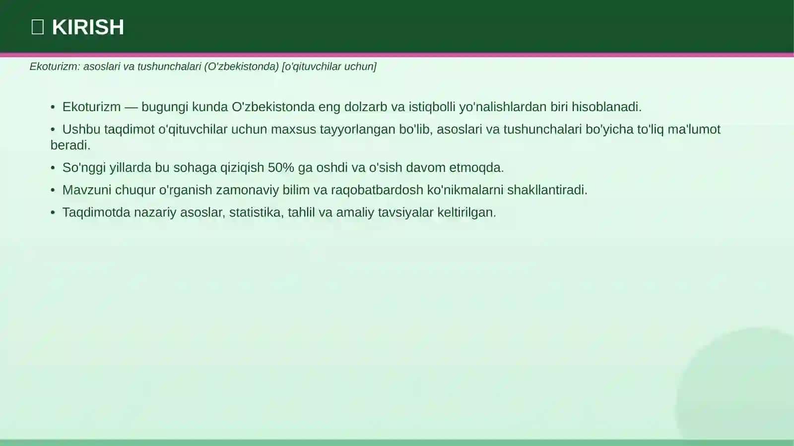 Ekoturizm: asoslari va tushunchalari 3