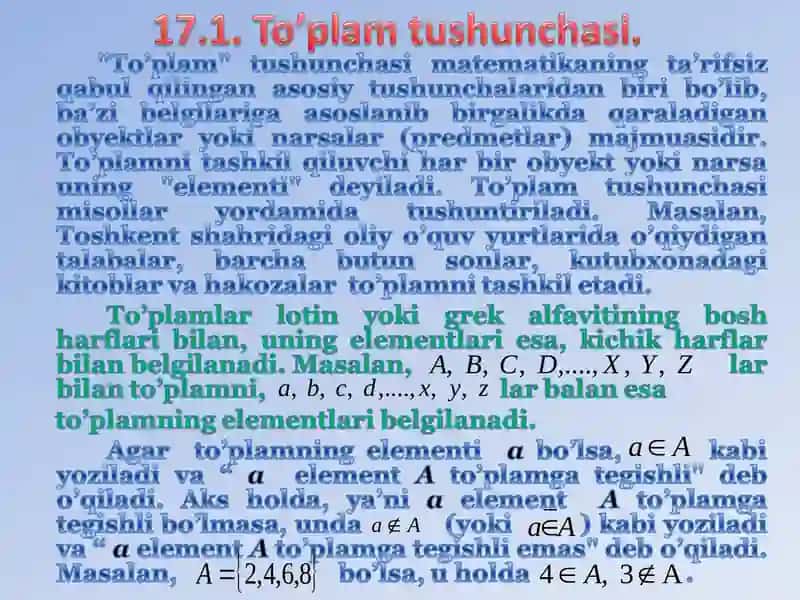 Oliy matematika: to‘plam tushunchasi va to‘plamlar ustida amallar 3