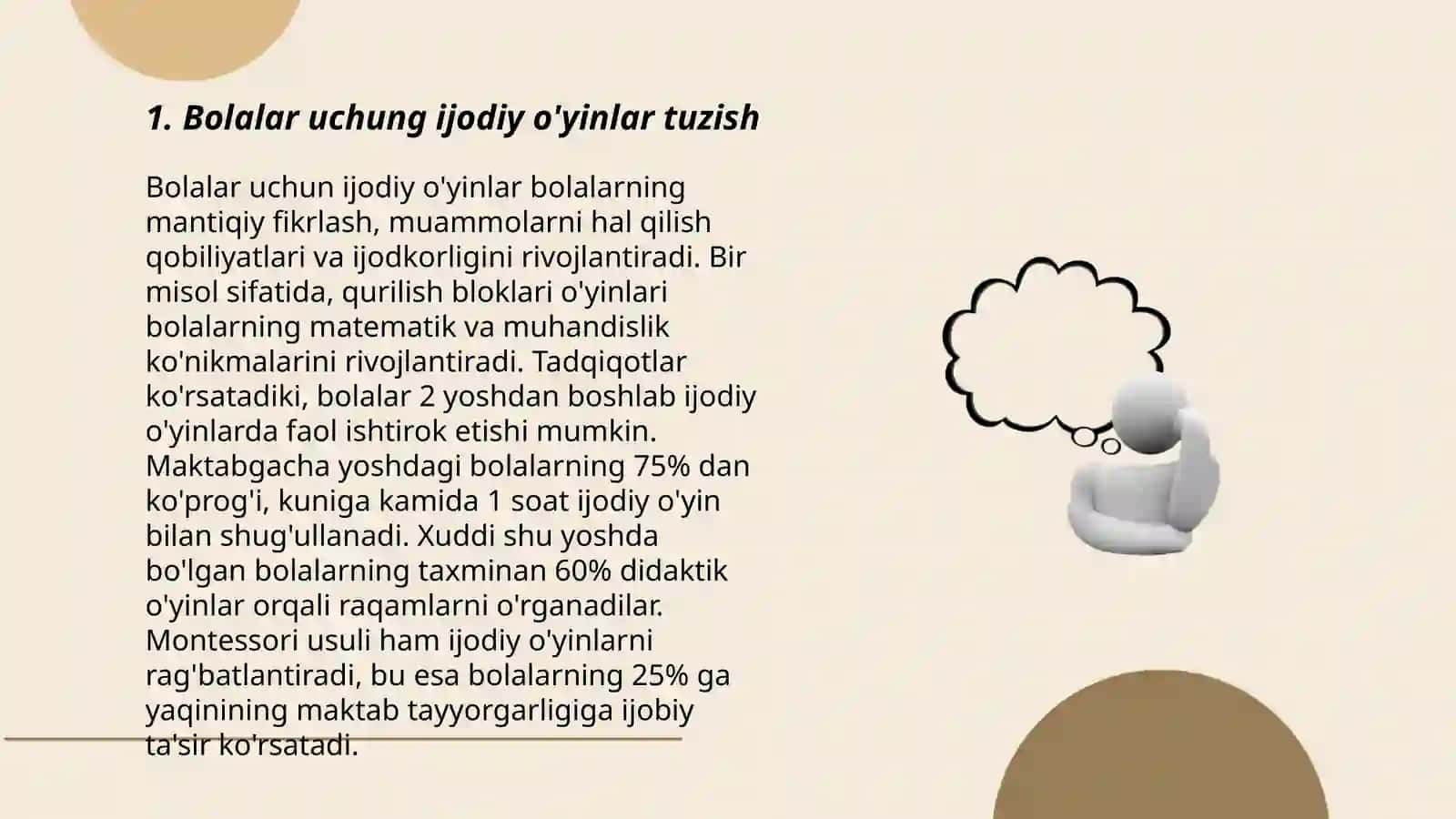 O'yin mashqlar uchun topshiriqlar tuzish.Ijodiy o'yin ishlanmasini loyihalash.Konferensiya uchun material tayyorlash 3