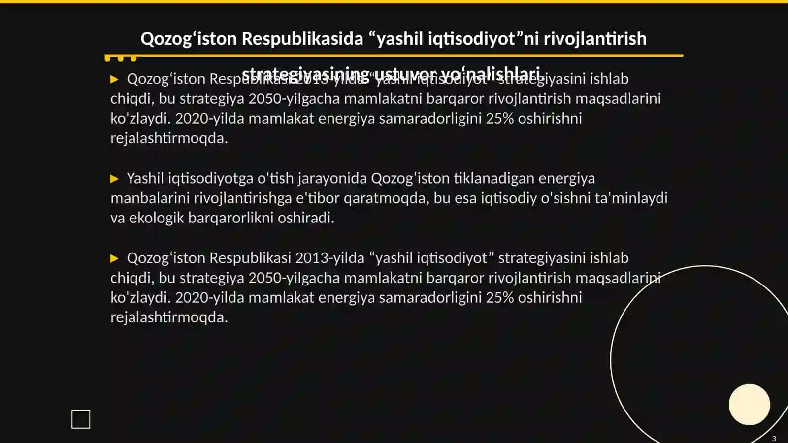 "Yashil iqtisodiyot" rivojlantirish strategiyasining ustuvor yo‘nalishlari 3