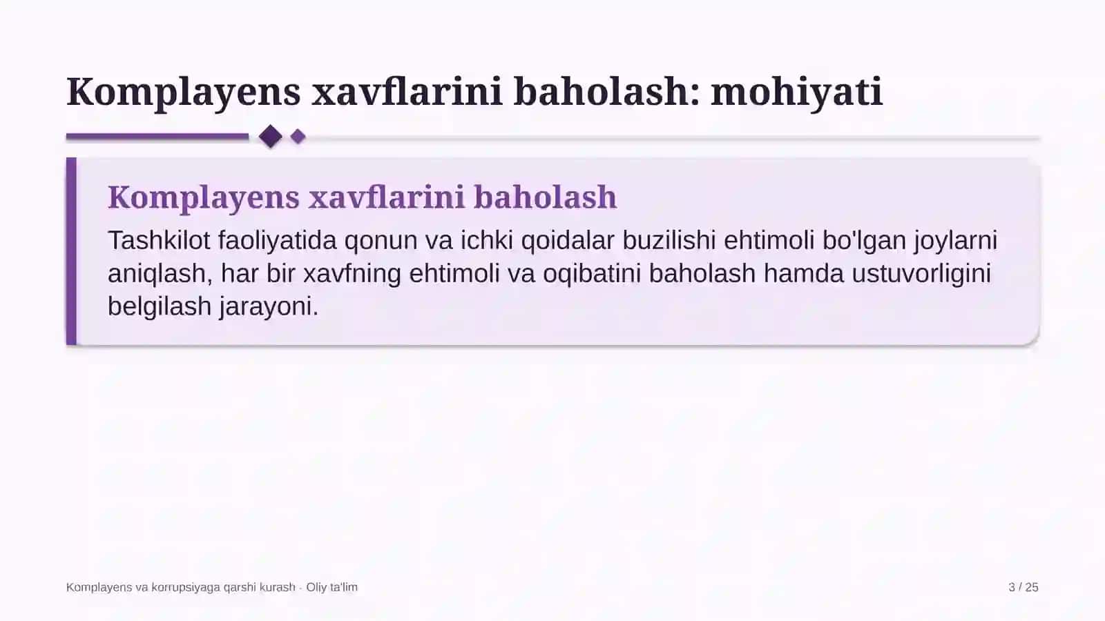 Komplayens va korrupsiyaga qarshi kurash · Oliy ta'lim 3