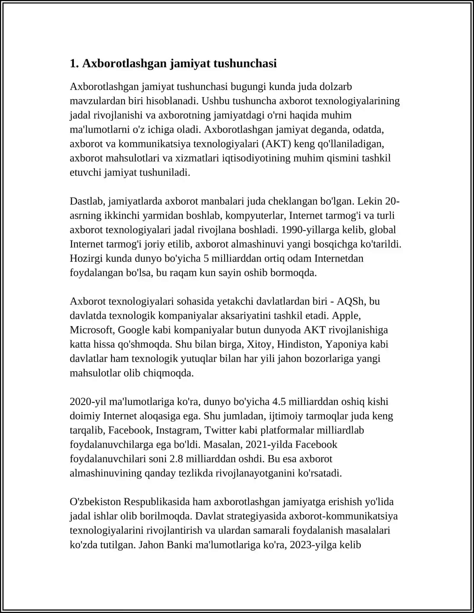 AXBOROTLASHGAN JAMIYAT VA UNING ISTIQBOLLARI” MAVZUSIDA ESSE TAYYORLASH (A.TOYNBI, E.TOFFLER ASARLARINING QIYOSIY TAHLILI ASOSIDA) 3