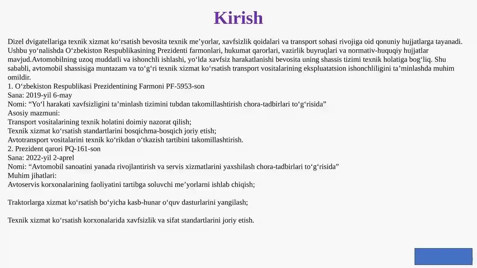 “Dizel dvigatellariga texnik xizmat koʻrsatish va joriy taʼmirlash” BMI 3