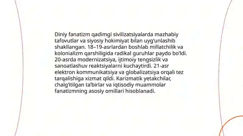 Diniy fanatizm, Ekstremizm, Fundamentalizm, Terrorizm tarixi va ularning hozirgi davrda xavfsizlikka qarshi 3