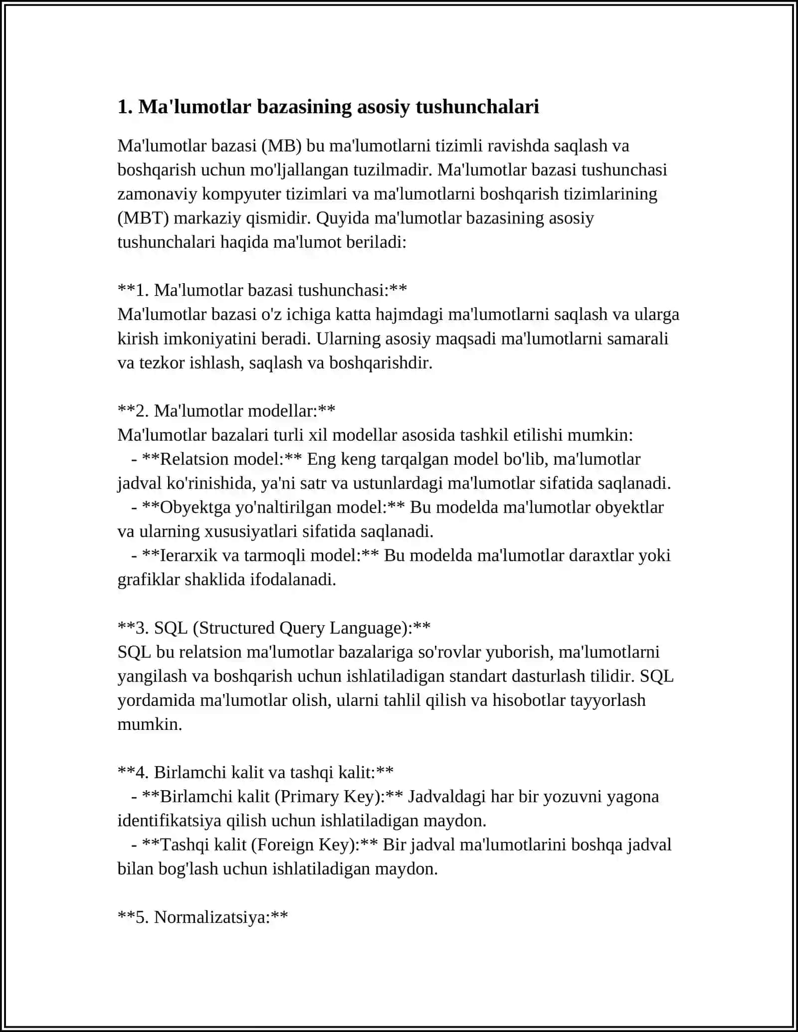 ACCESS DASTURIDA IQTISODIY OB'EKTNING MA'LUMOTLAR BAZASINI YARATISH 3