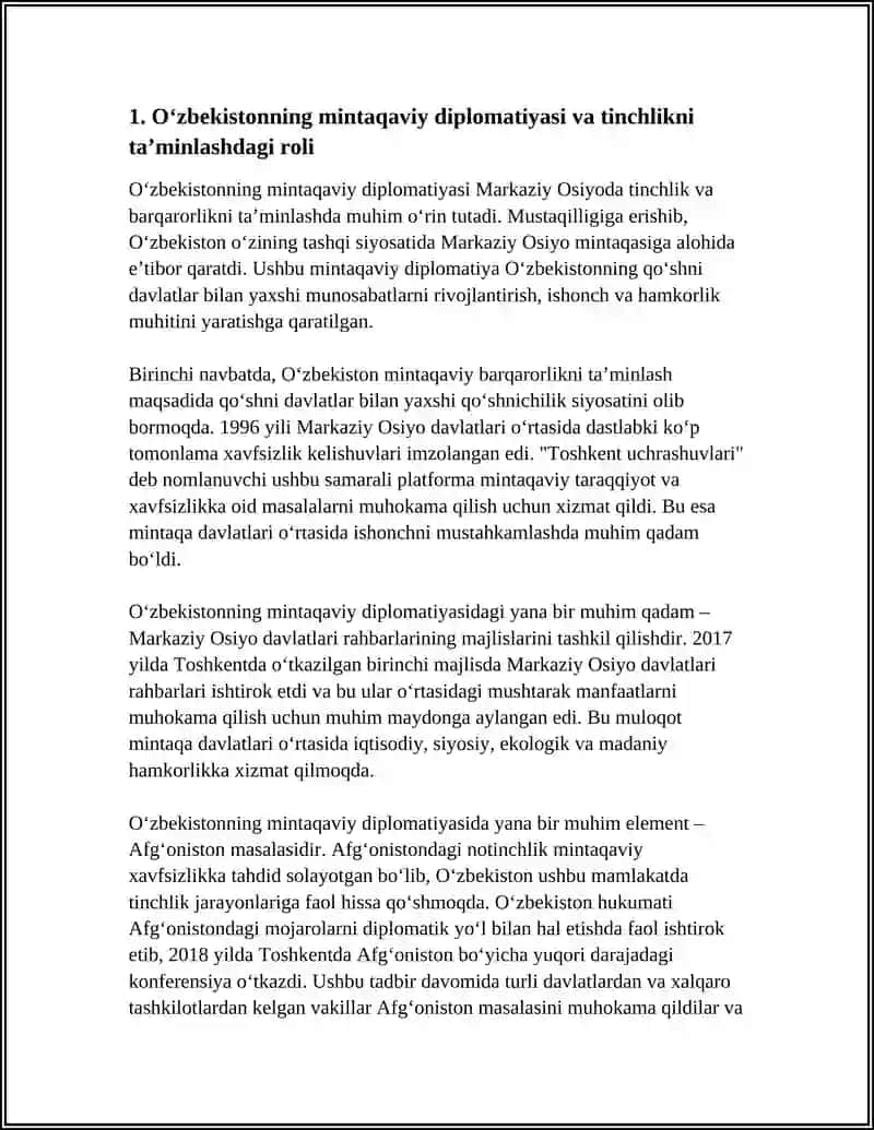 OʻZBEKISTONNING MARKAZIY OSIYODA TINCHLIK VA BARQARORLIKNI TAʼMINLASHDAGI OʻRNI 3
