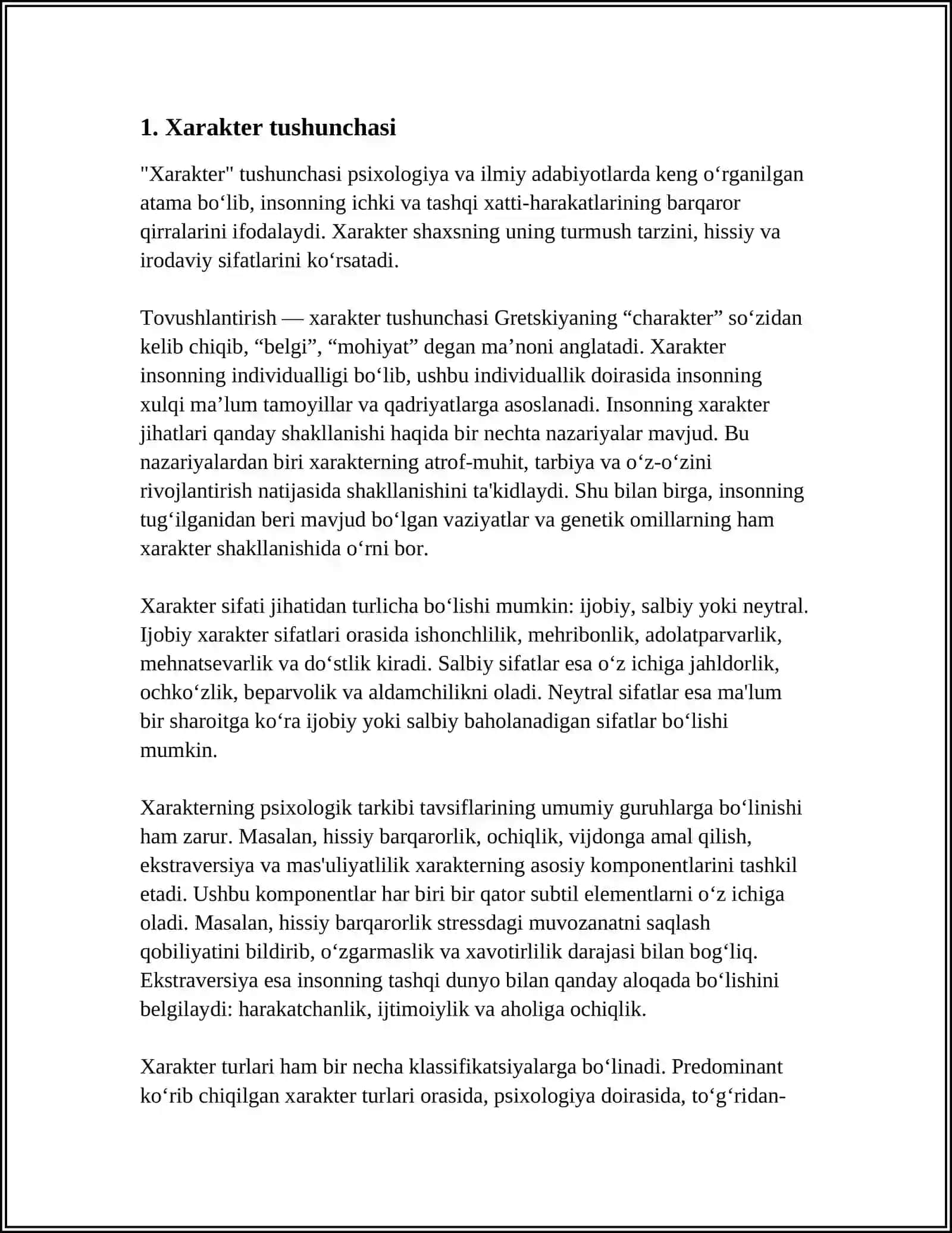 MUSTAQIL ISH Mavzu: XARAKTER VA UNING XOSSALARI 3