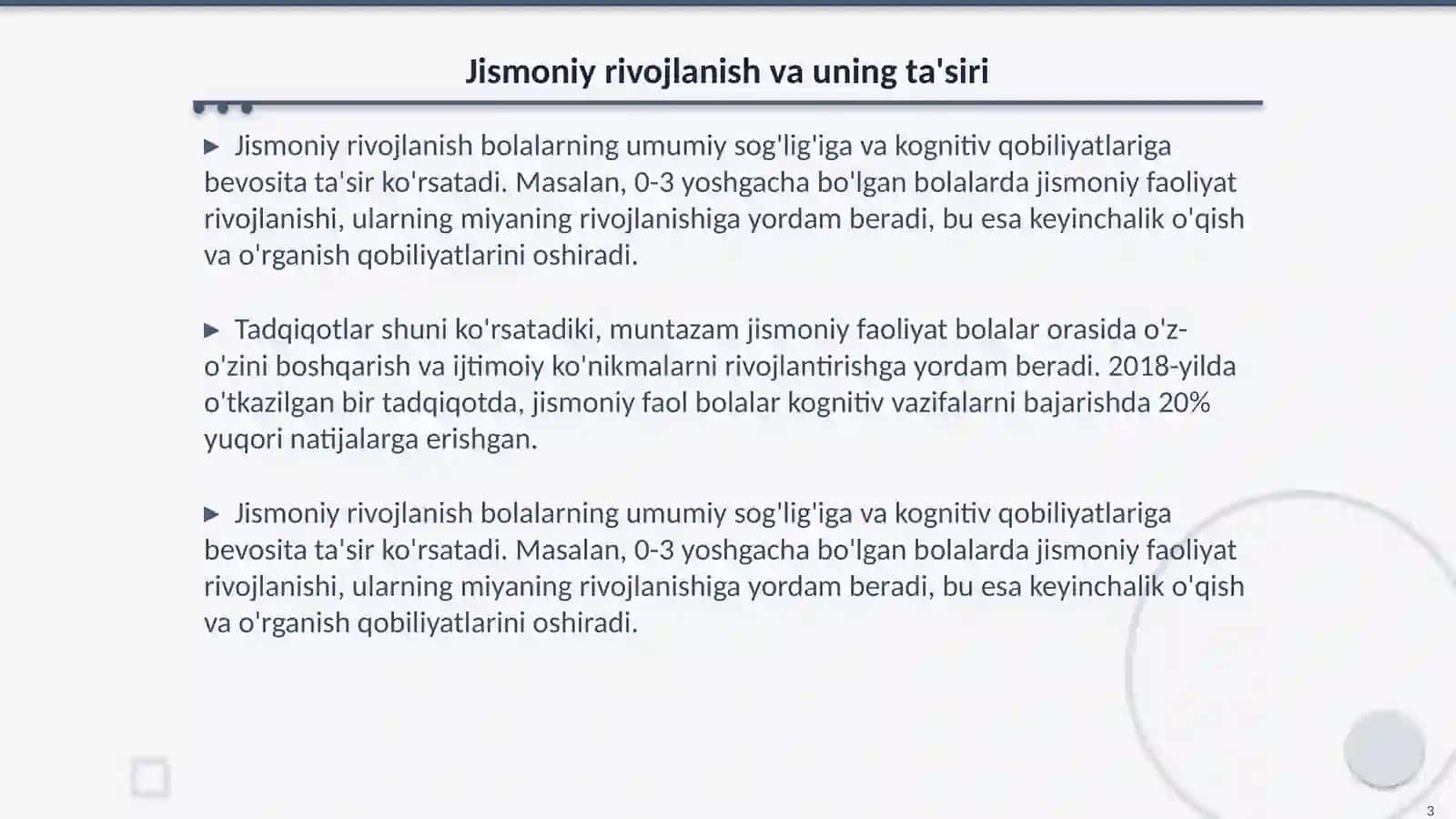 Ilk bolalik davrida fziologik va jismoniy rivojlanish harakatlari malakalari kognitiv rivojlanish 3