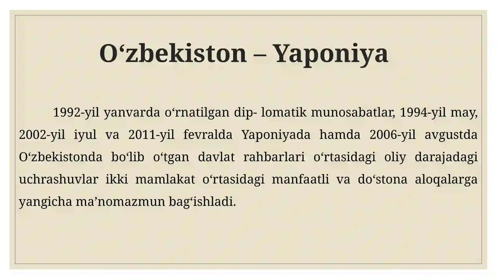 O’zbekistonning yaponiya, hindiston va koreya respublikasi bilan ikkitomonlama aloqalarining rivojlanishi 3