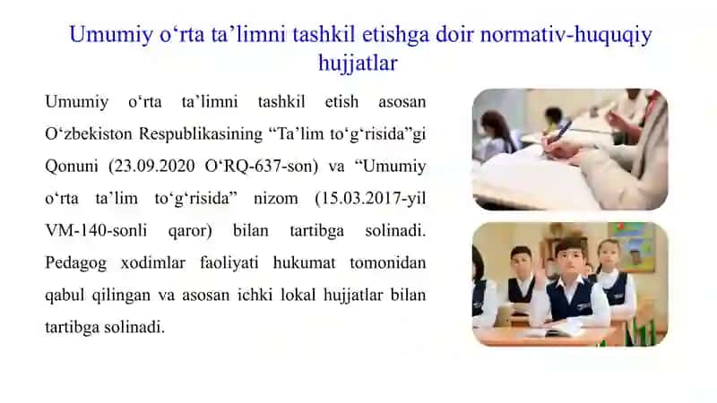 Umumiy o‘rta ta’limni tashkil etish va pedagog xodimlar faoliyatini tartibga soluvchi normativ-huquqiy hujjatlar mazmuni va ularga rioya qilishni tashkil etish 3