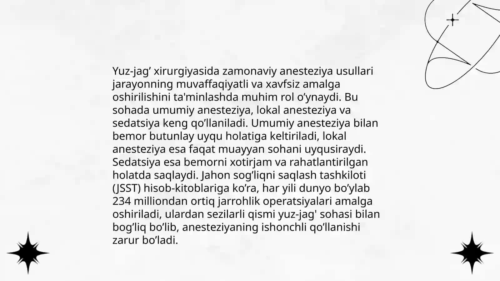 Yuz-jag’ xirurgiyasi, stomatologik va LOR a’zolari xirurgiyasida anesteziya va intensive terapiya презентация 3