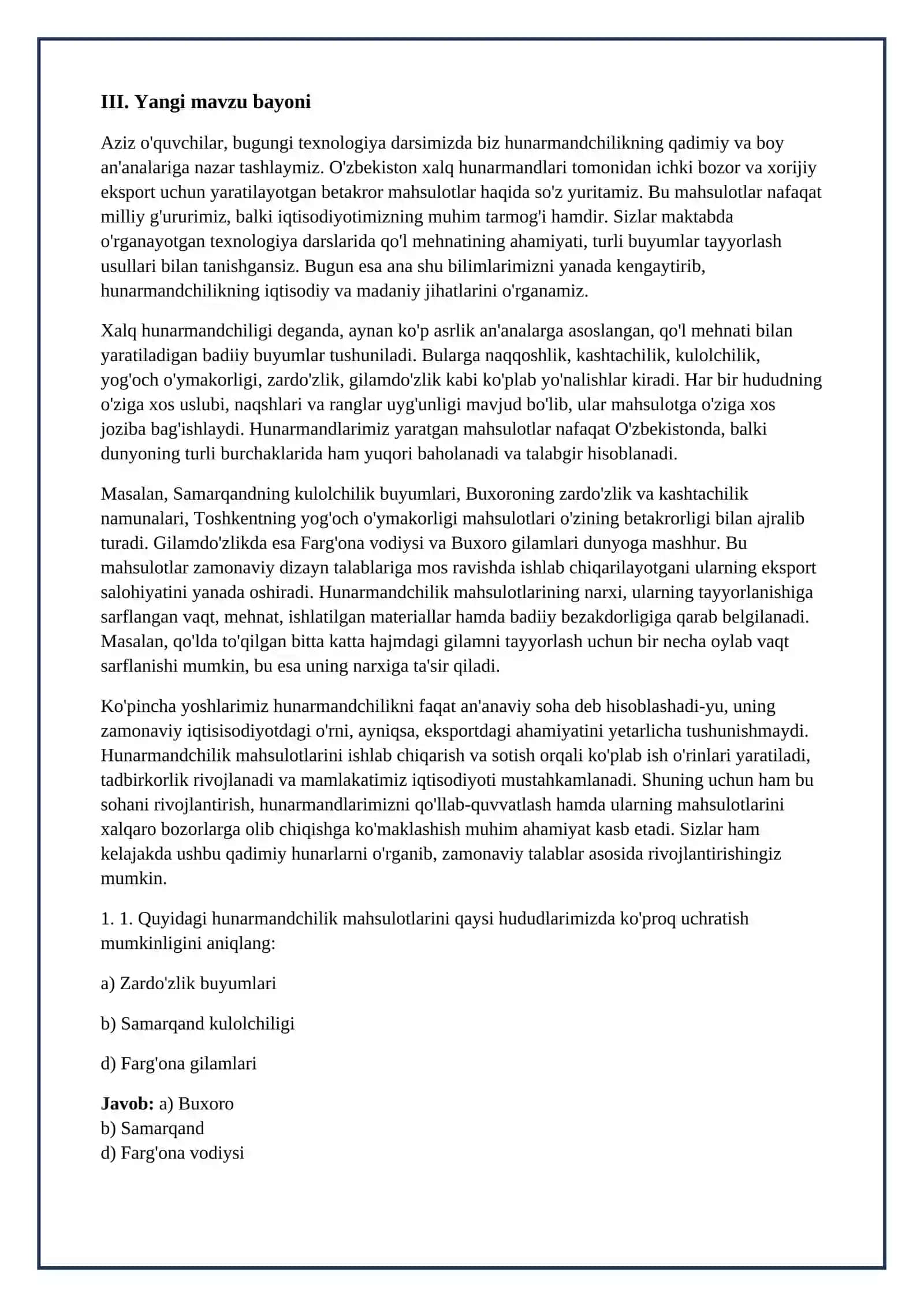 Lesson on texnalogiya: xalq hunarmandlari tamonidan exsportva ichki bozor uchun ishlab chiqarilayotgan mahsulotlar,9-sinf, umumiy orta talim 3
