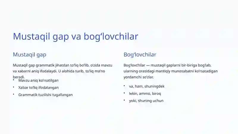 Oʻzbek tili grammatikasi: Gaplarni bogʻlovchilar yordamida birlashtirish sanʼati va qoidalari 3