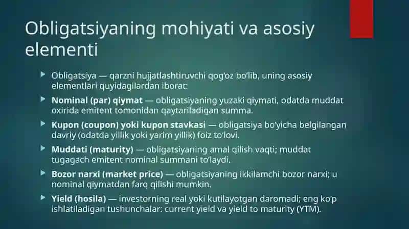 Qarz majburiyatlarini ifodalovchi qimmatli qog'ozlar. (Obligatsiyalar bozori) 3
