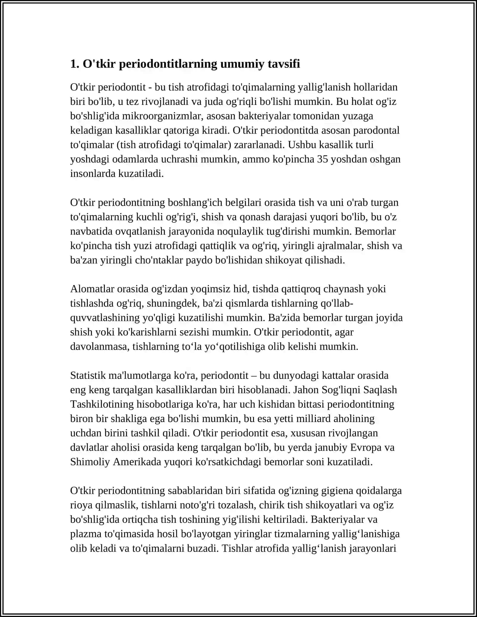 O‘TKIR PERIODONTITLARDA UMUMIY AHVOL TAVSIFI. O'TKIR PERIODONTITLARDA OG'RIQSIZLANTIRISH. UMUMIY ZAHARLANISH BELGILARINI BARTARAF QILISH 3