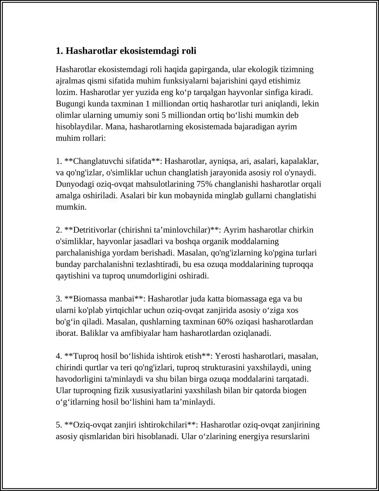HASHAROTLARNI TABIATDAGI AHAMIYATI MAVZUSIDA VIKTORINA SAVOLLAR VA TAQDIMOT 3