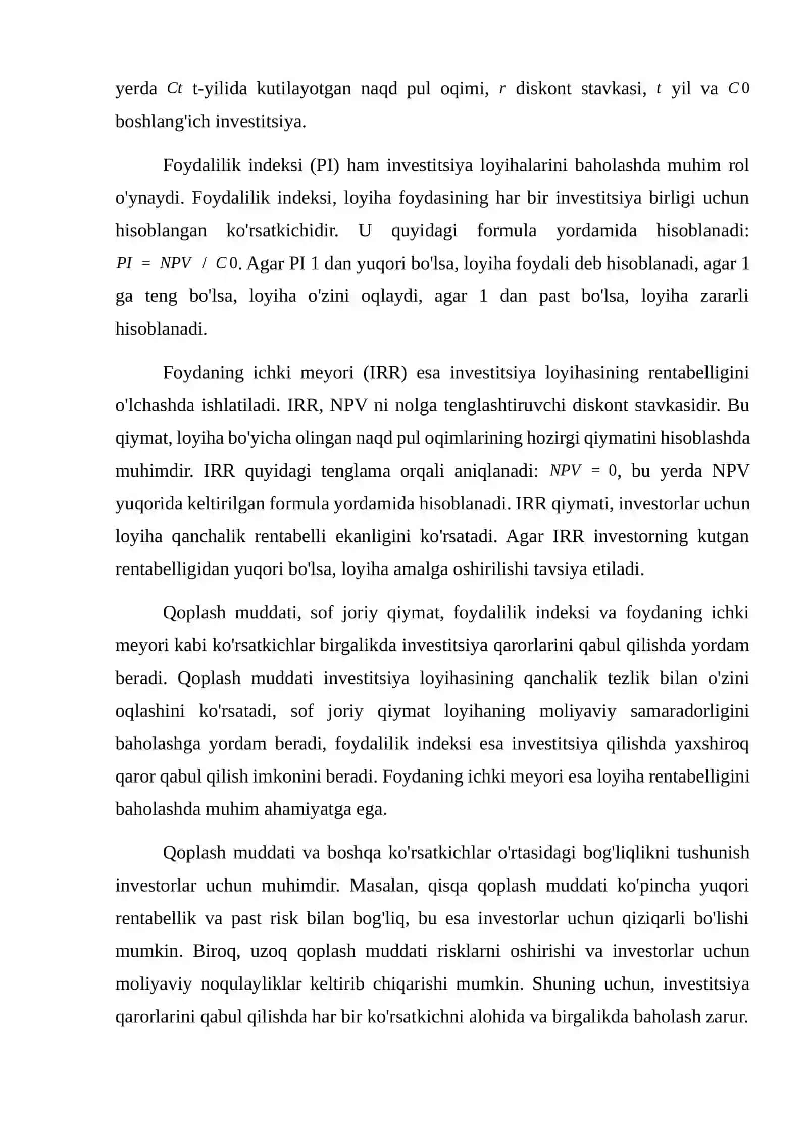 Qoplash muddati, sof joriy qiymat, foydalilik indeksi va foydaning ichki meyori 3