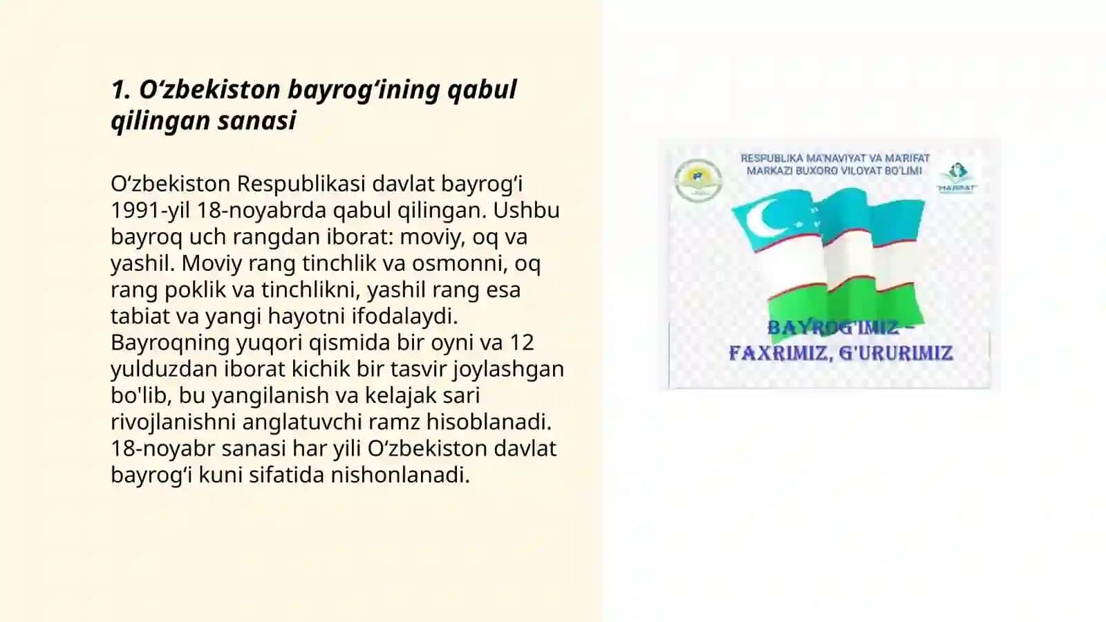Bayrogʻimiz – faxrimiz, gʻururimiz (Oʻzbekiston respublikasi bayrogʻi qabul qilingan kun) 3