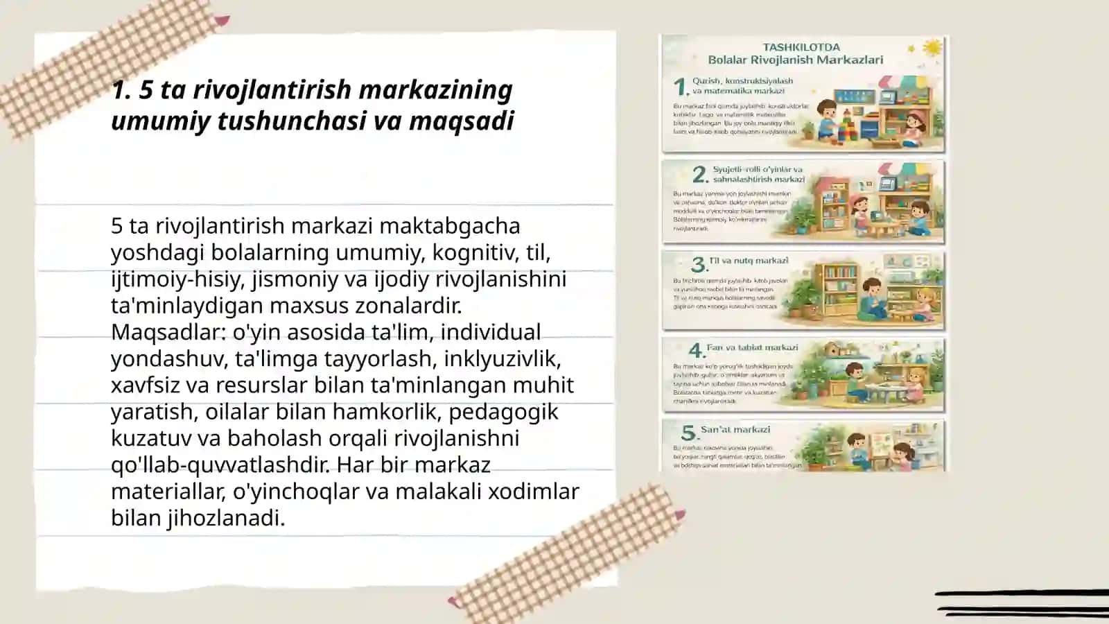 Maktabgacha ta'limda 5 ta rivojlantirish markazlari va ularning joylashuvi, jihozlanishi 3
