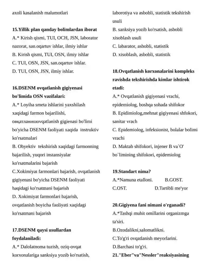 Ovqatlanish gigiyenasi fanidan test savollari, javoblari bilan 3
