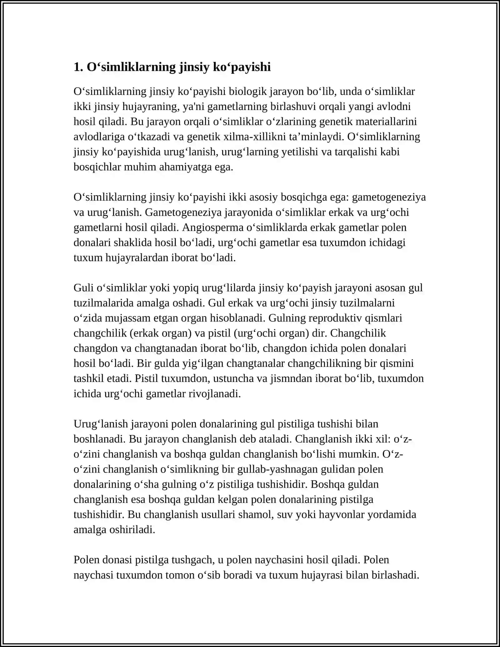 OʻSIMLIKLARNING KOʻPAYISHI, GAMETOFIT VA SPORAFIT NASILLAR 3