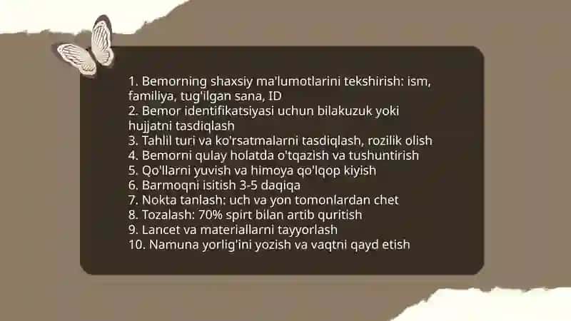 Barmoqdan qon olish texnikasi.Qonning umumiy tahlilga tekshirish.Qondan surtma tayyorlash, fiksatsiya qilish va boʻyash 3