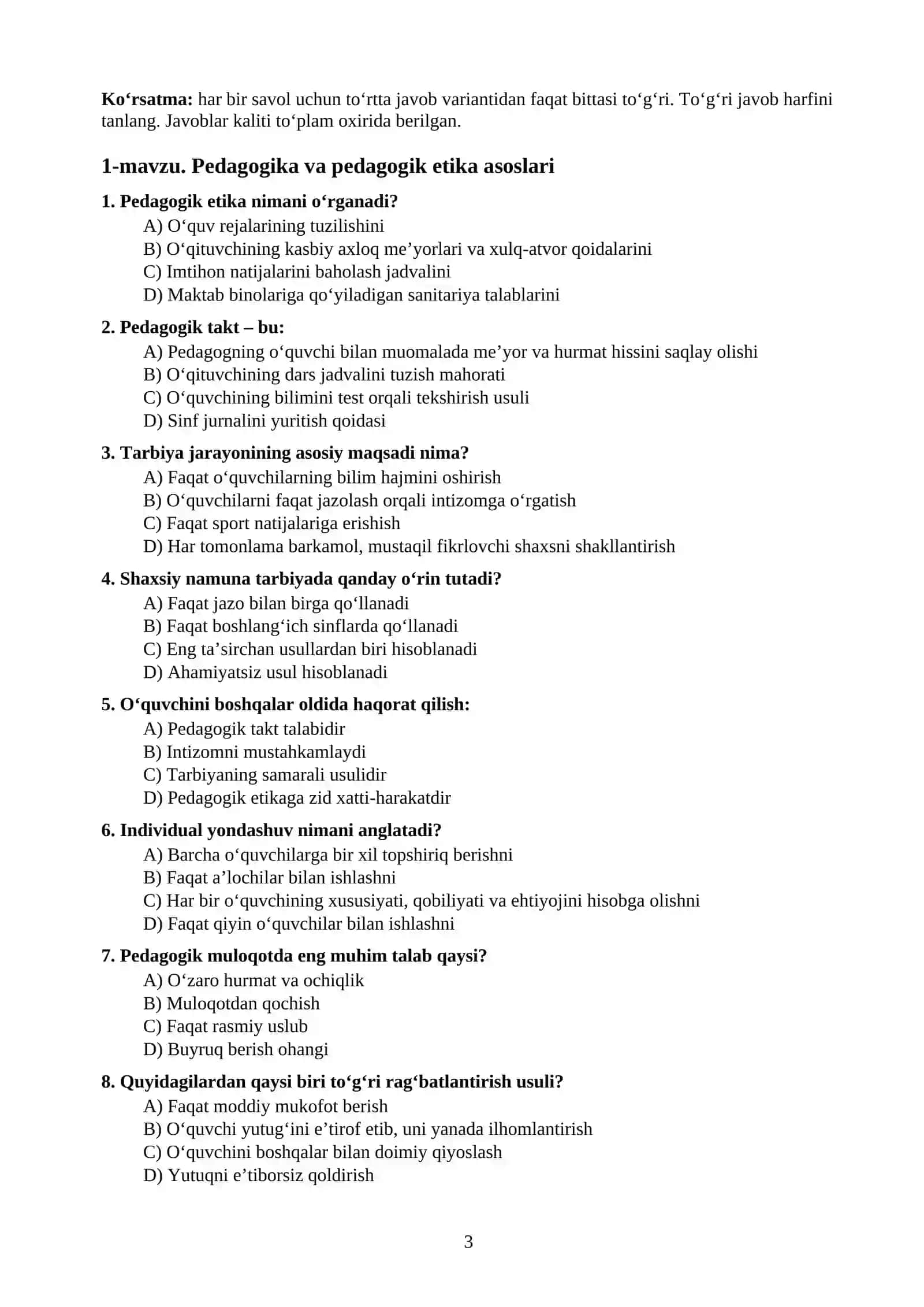 MAKTAB MASLAHATCHISI UCHUN TEST SAVOLLARI TO‘PLAMI 3