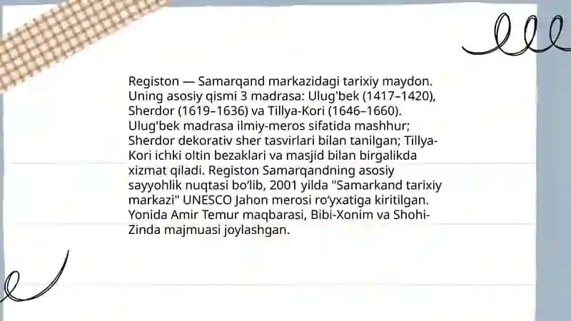Samarqand: Registon va tarixiy yodgorliklar 3