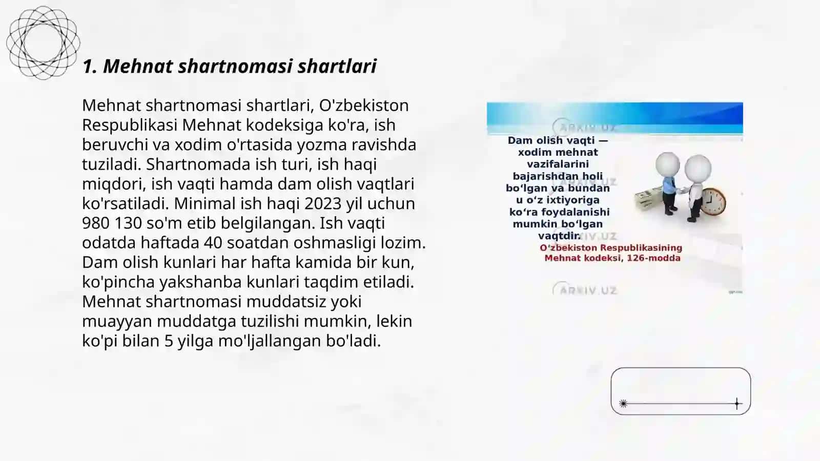 Mehnat huquqi.Ish vaqti tushunchasi va turilari 3