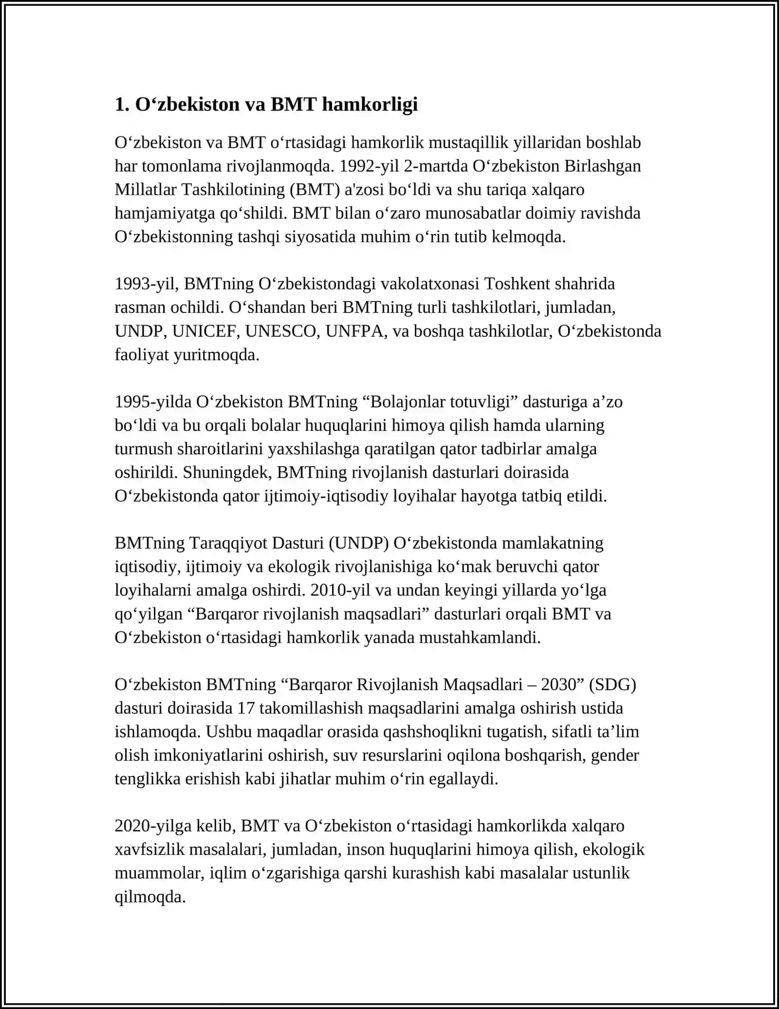 OʻZBEKISTONNING XALQARO TASHKILOTLAR BILAN HAMKORLIK ALOQALARI 3