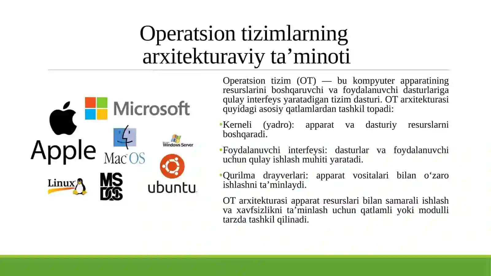 Operatsion tizimlarning arxitekturaviy ta’minoti. Paketli ishlov berish, Arxitektura sxemasi, Shina, CPU va xotiraning mantiqiy ko‘rinishi, Xotira segmentlari, Qurilma registrlari, Disk qurilmasi, Tarmoq qurilmasi, Qurilma drayverlari, Boot jarayoni 3