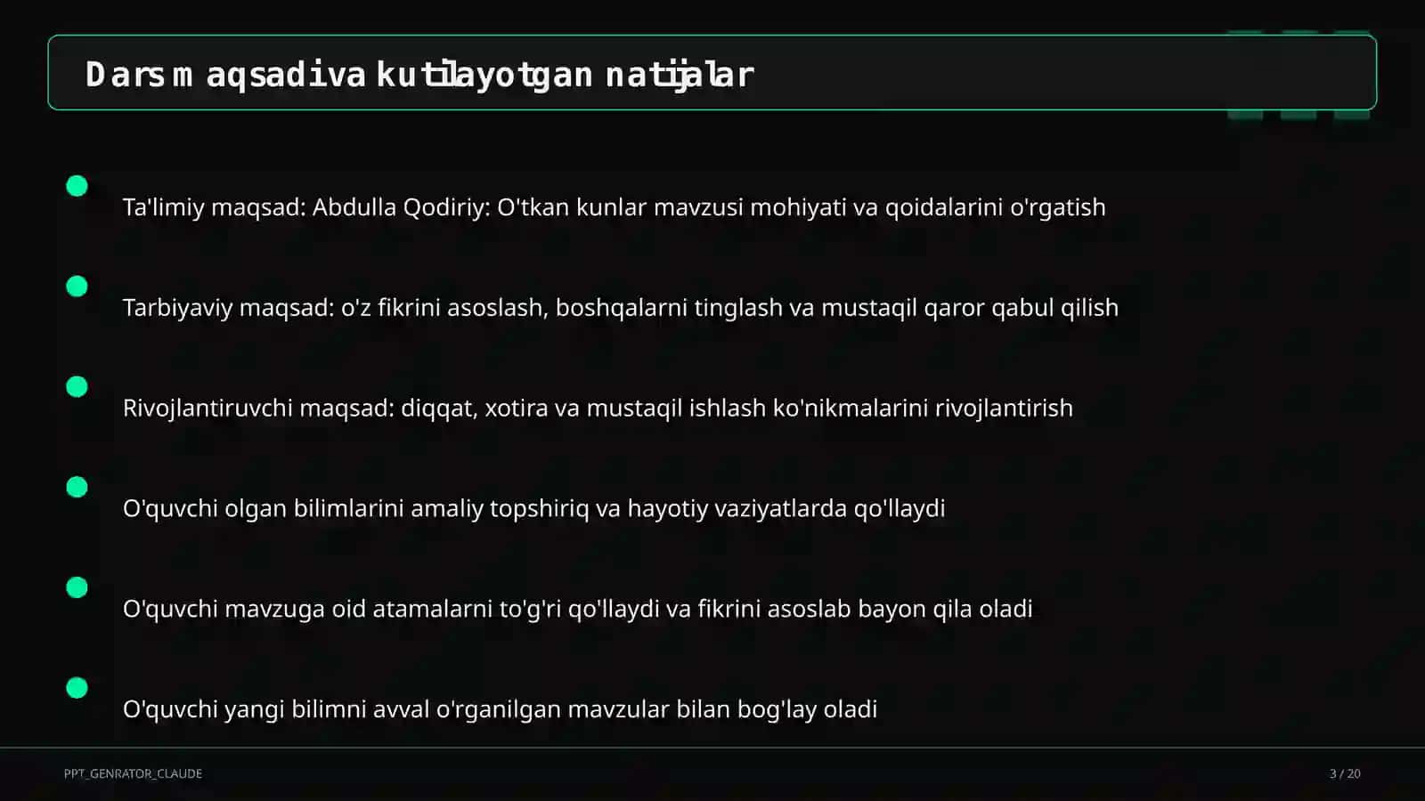Abdulla Qodiriy: O'tkan kunlar (9-sinf) 3