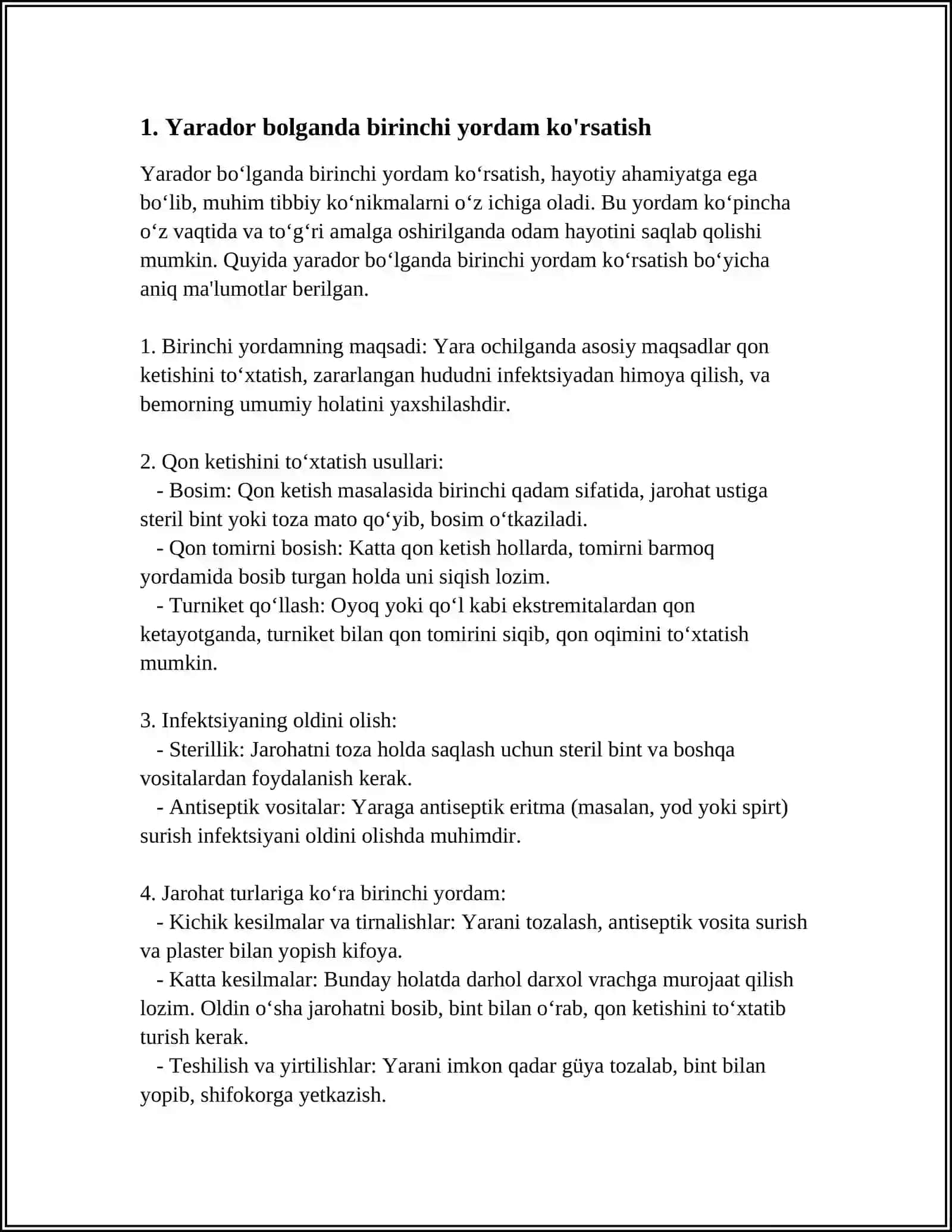 YARADOR BOLGANDA VA YOPIQ JAROHATLANISHLARDA 1-TIBBIY YORDAM KORSATISH 3