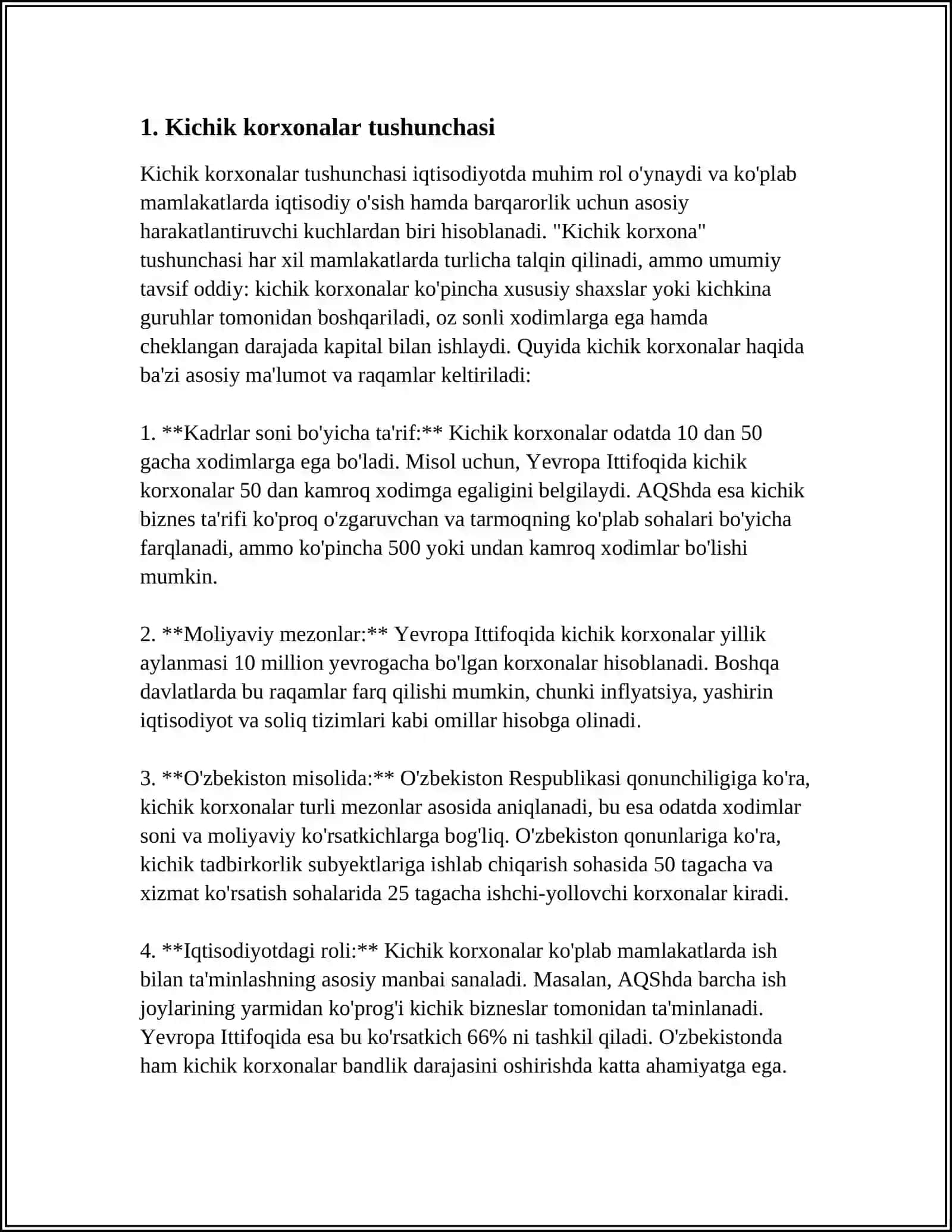 MUSTAQIL ISH Mavzu: QANDAY TADBIRKORLIK SUBYEKTLARINI KICHIK KORXONALAR DEB ATASH MUMKIN VA ULARNING QANDAY TURLARINI BILASIZ? 3