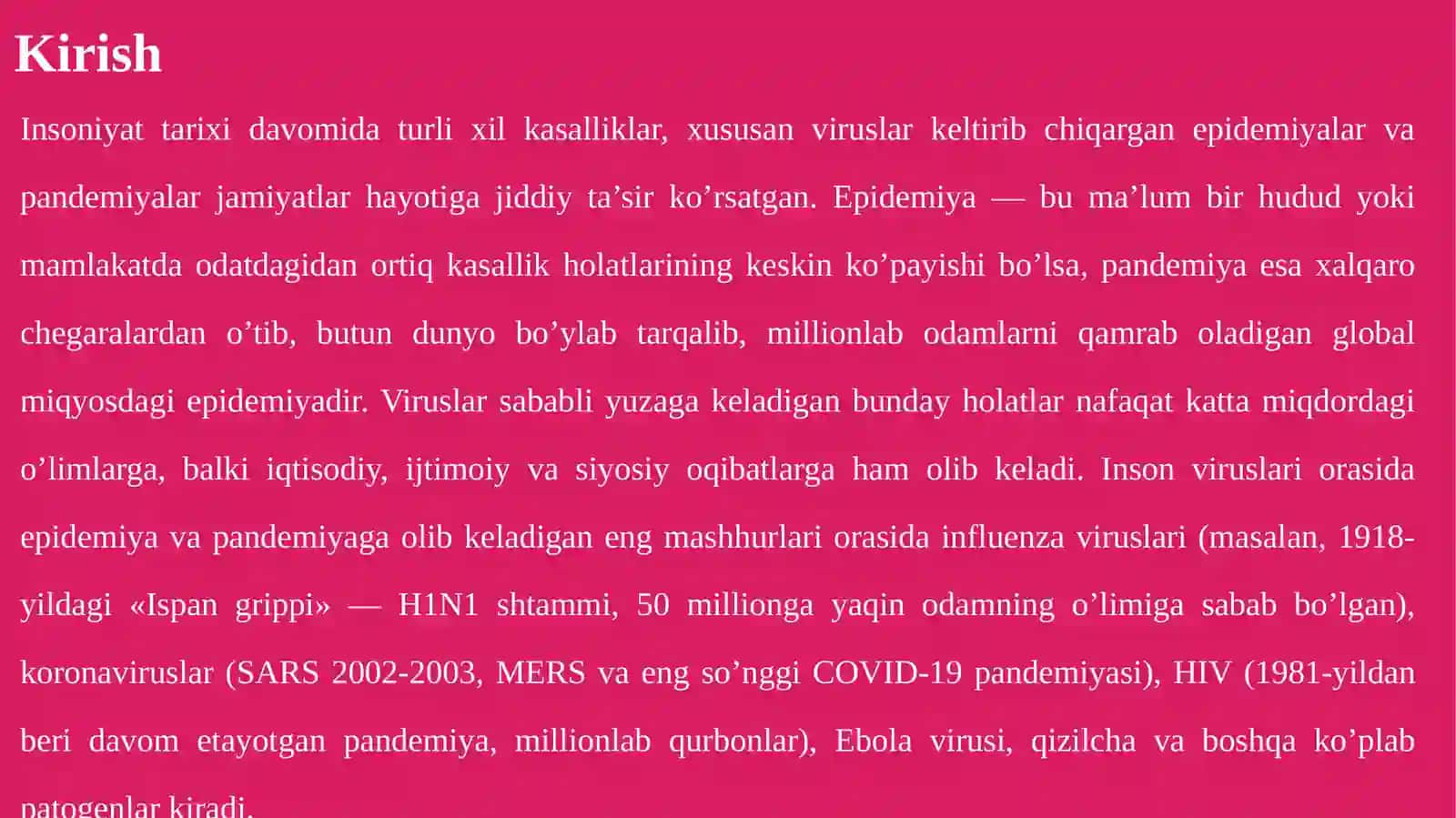 Epidemiya va pandemiyaga olib kelayotgan inson viruslari, ularning tarqalishi, profil 3