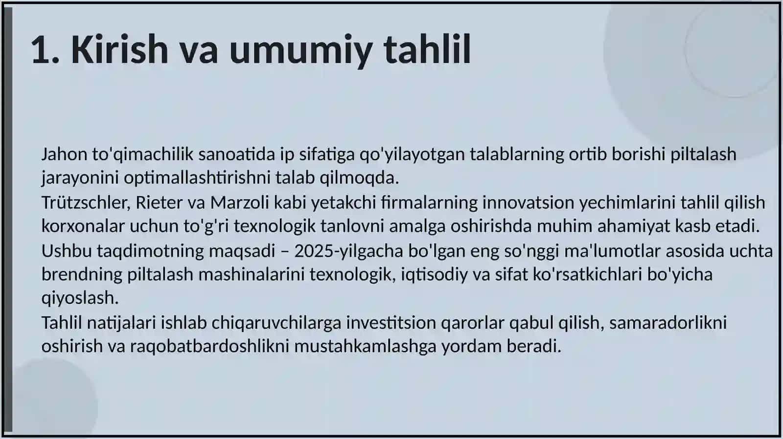 "TRUETZSCHLER", "RIETER", "MARZOLI" FIRMALARINING PILTALASH MASHINALARI QIYOSIY TAHLILI 3