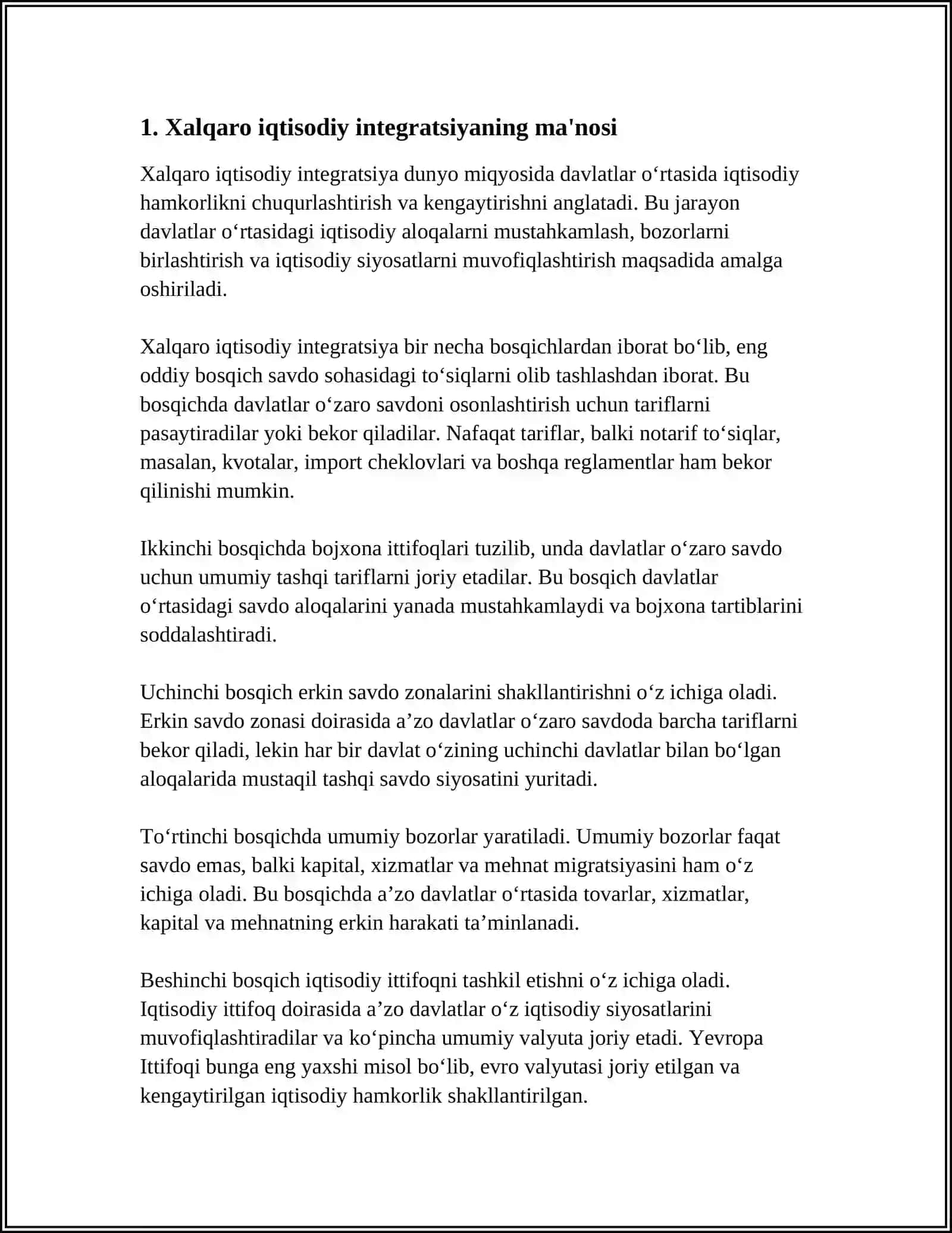 XALQARO IQTISODIY INTEGRATSIYA, UNING MAZMUNI VA SHAKILLARI 3