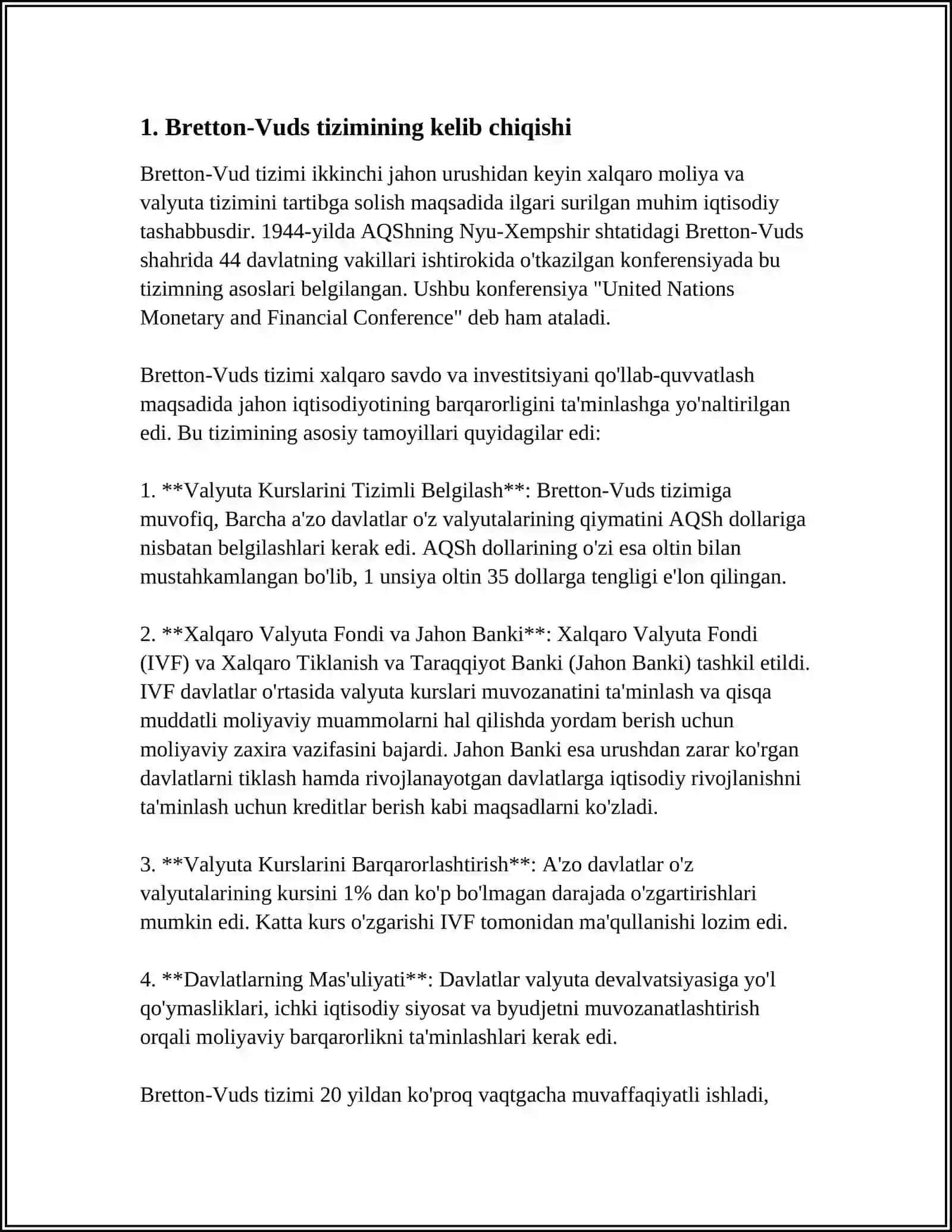 BRETTON-VUDS TIZIMI VA UNING XALQARO MOLIYADAGI O`RNI 3