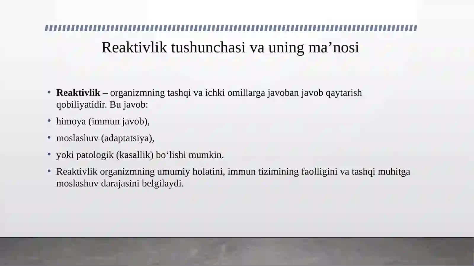 Reaktivlikda to'siq sistemalarining ahamiyati, fagotsitozning roli (in vivo fagotsitoz). Reaktivlik turlari, uning ma'nosi, evolyutsiya nuqtai nazaridan rivojlanishi. Fagotsitoz fazalari. Immunitet reaktsiyasida tana to'siqlarining roli. Og'iz to'qimalarining reaktivligi va qarshiligining o'ziga xosligi. 3