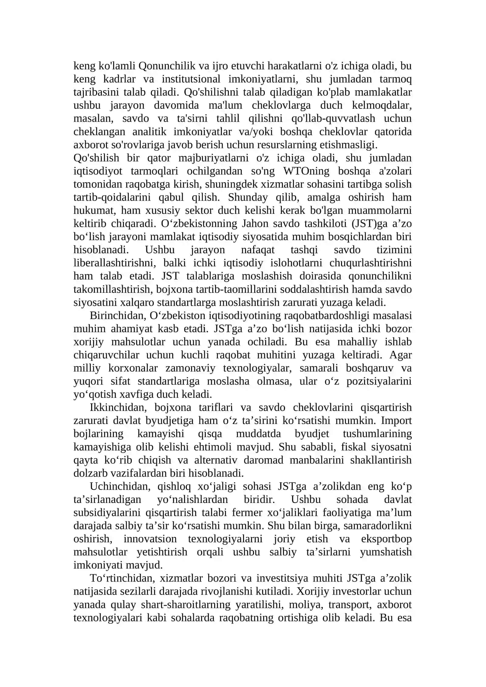 O‘ZBEKISTONNING JAHON SAVDO TASHKILOTIGA (JST) A’ZO BO‘LISHI: MUAMMOLAR VA YUZAGA KELISHI MUMKIN BO‘LGAN OQIBATLAR 3