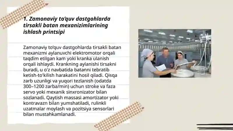 Zamonaviy to’quv dastgohlarda tirsakli va kulochokli batan mexanizimlari 3